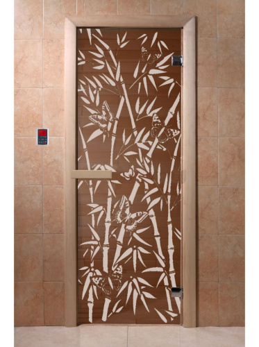 Дверь для бани и сауны Doorwood "Бамбук и бабочки" бронза 1900*700, 6мм, 2 петли